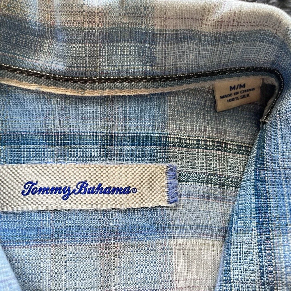 Tommy Bahama Mens M Short Sleeve Button Up Blue Plaid Silk Shirt‎